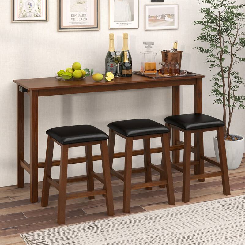 Gymax 4-Piece Bar Table Set w/ Power Outlet Counter-Height Table & 3