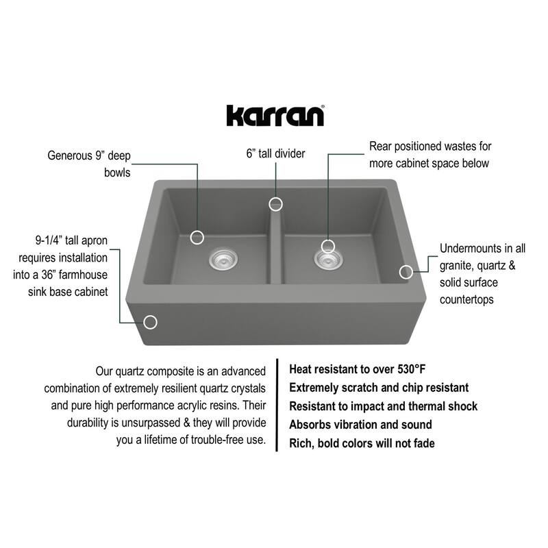 Karran Farmhouse Apron Front Quartz Double Bowl Kitchen Sink Kit