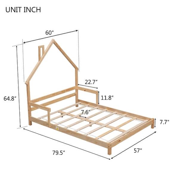 Natural Full Size Pine Wood House-Shaped Headboard Floor Bed with Handrails and slats for Bedroom