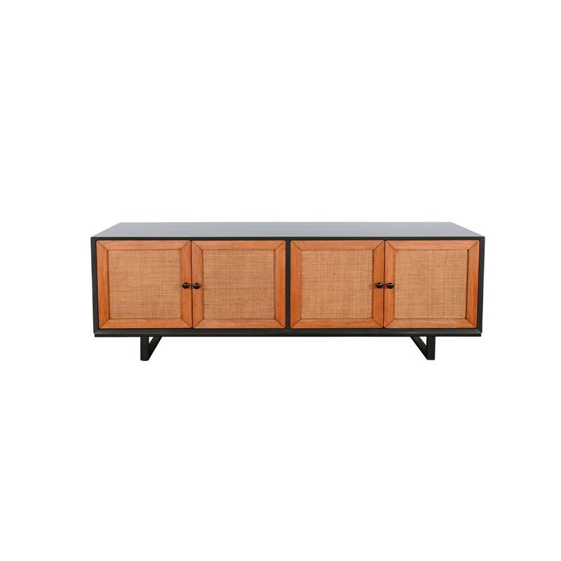 Addy Sideboard Accent Cabinet, 4 Natural Woven Cane Doors, Black Mahogany