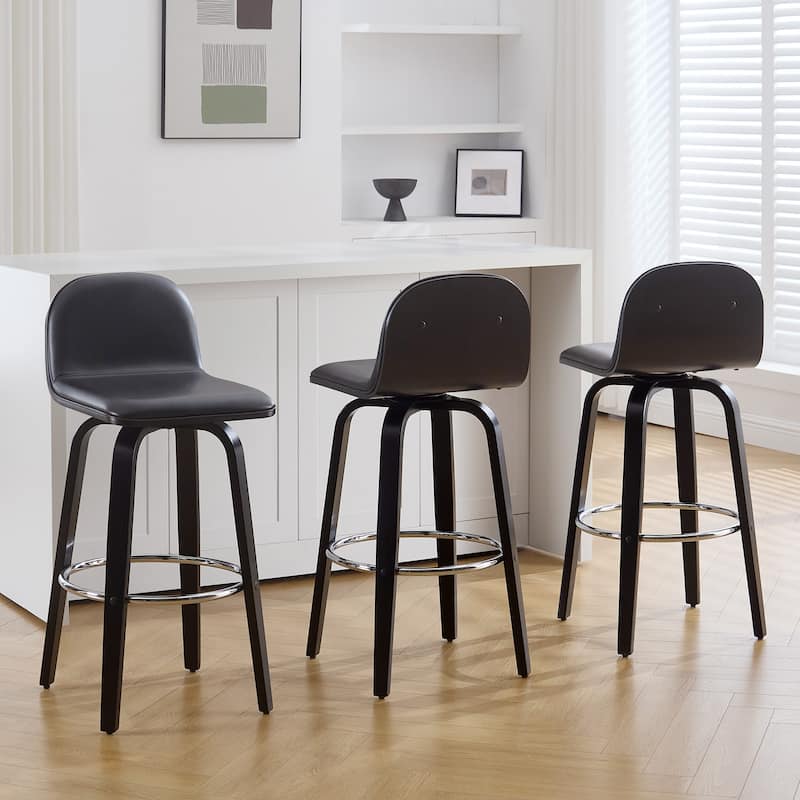 Faux Leather Upholstered Swivel Counter/ Bar Stools with Wood Frame - Set of 3 - Black - Bar Height