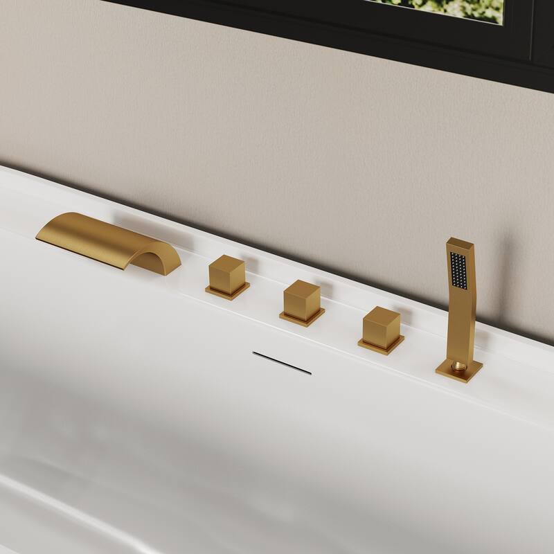 5-Hole 3-Handle Deck-Mount Waterfall Tub Faucet with Hand Shower,Waterfall Spout Bathtub Faucet