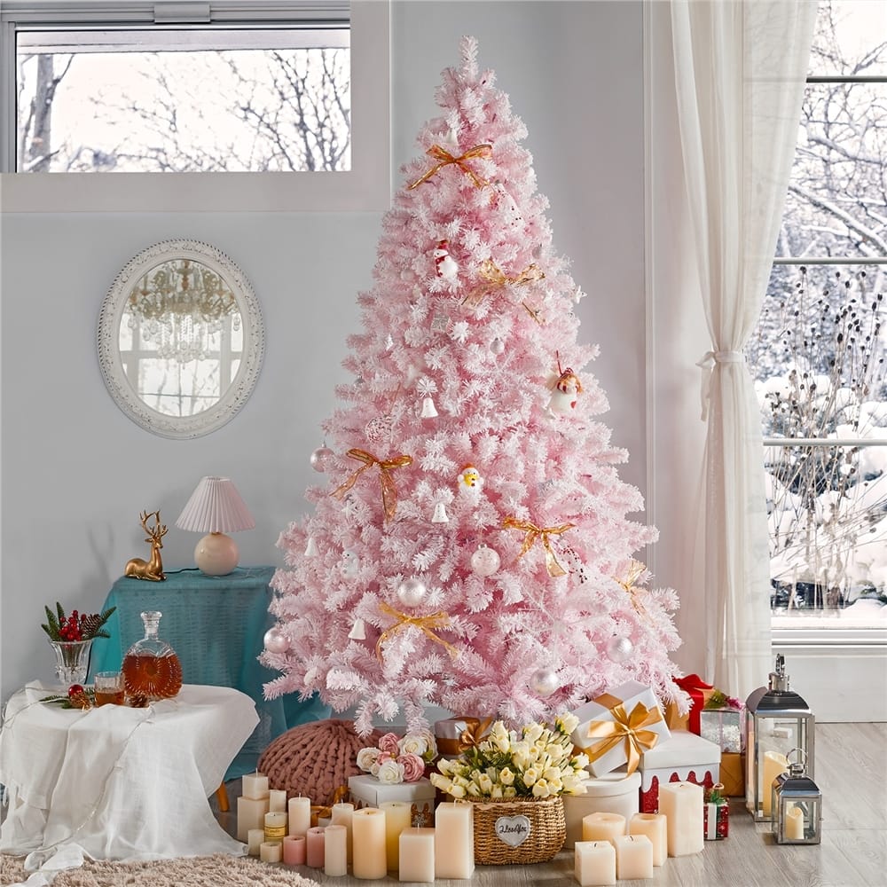 Yaheetech Pre-lit Flocked Artificial Christmas Tree Snow Frosted Christmas Tree, Pink