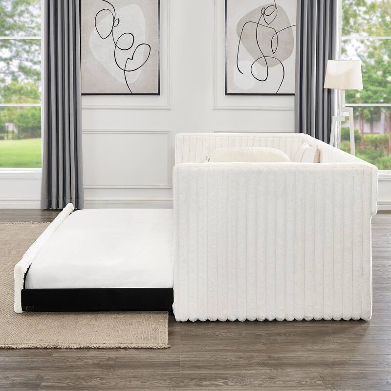 Twin Size Daybed, Upholstered Sofa Bed, The Bottom Pulls out to Form a Bed, Plaid Corduroy Fabric - Beige