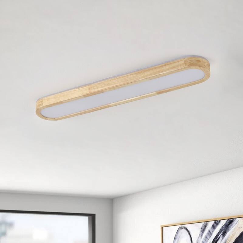 Modern Linear Flush Mount Ceiling Light Matte White Metal with Wood Grain Accent Milky White Diffuser