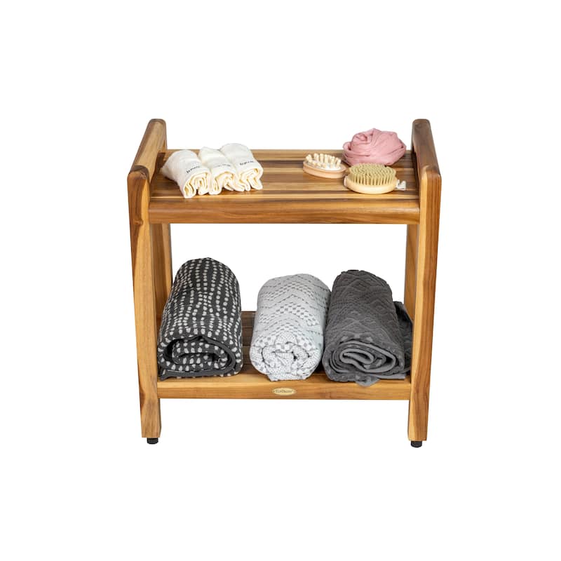 EcoDecors Eleganto 20" Solid Teak Shower Bench With Shelf And LiftAide Arms - EarthyTeak Finish - 18 in