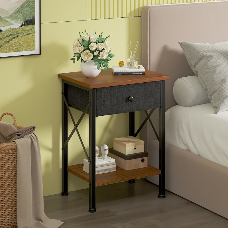 VECELO X Frame Nightstand with Removable Fabric Drawer Easy to Clean Nightstand Multifunctional End Table with Open Shelf