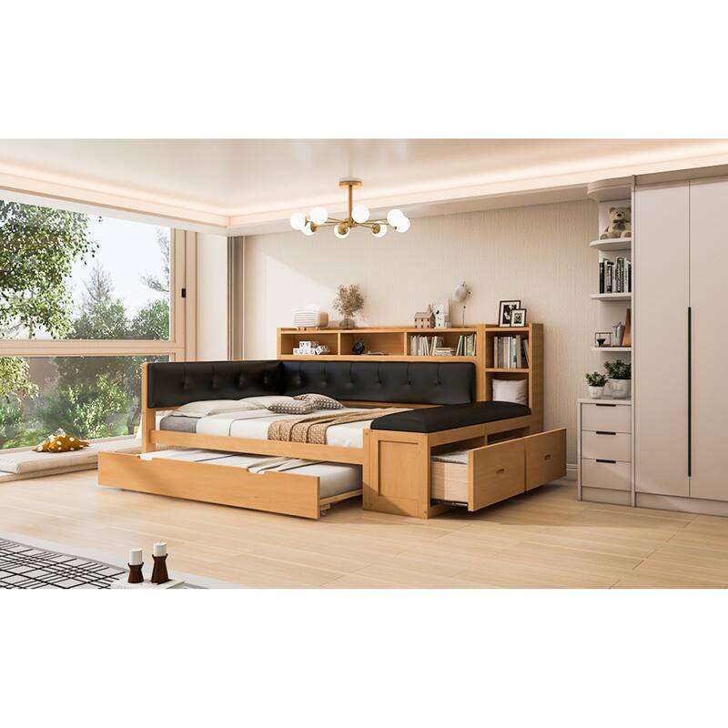 Roomfitters Full Wood Daybed with Trundle, Storage Shelves and Side Bench