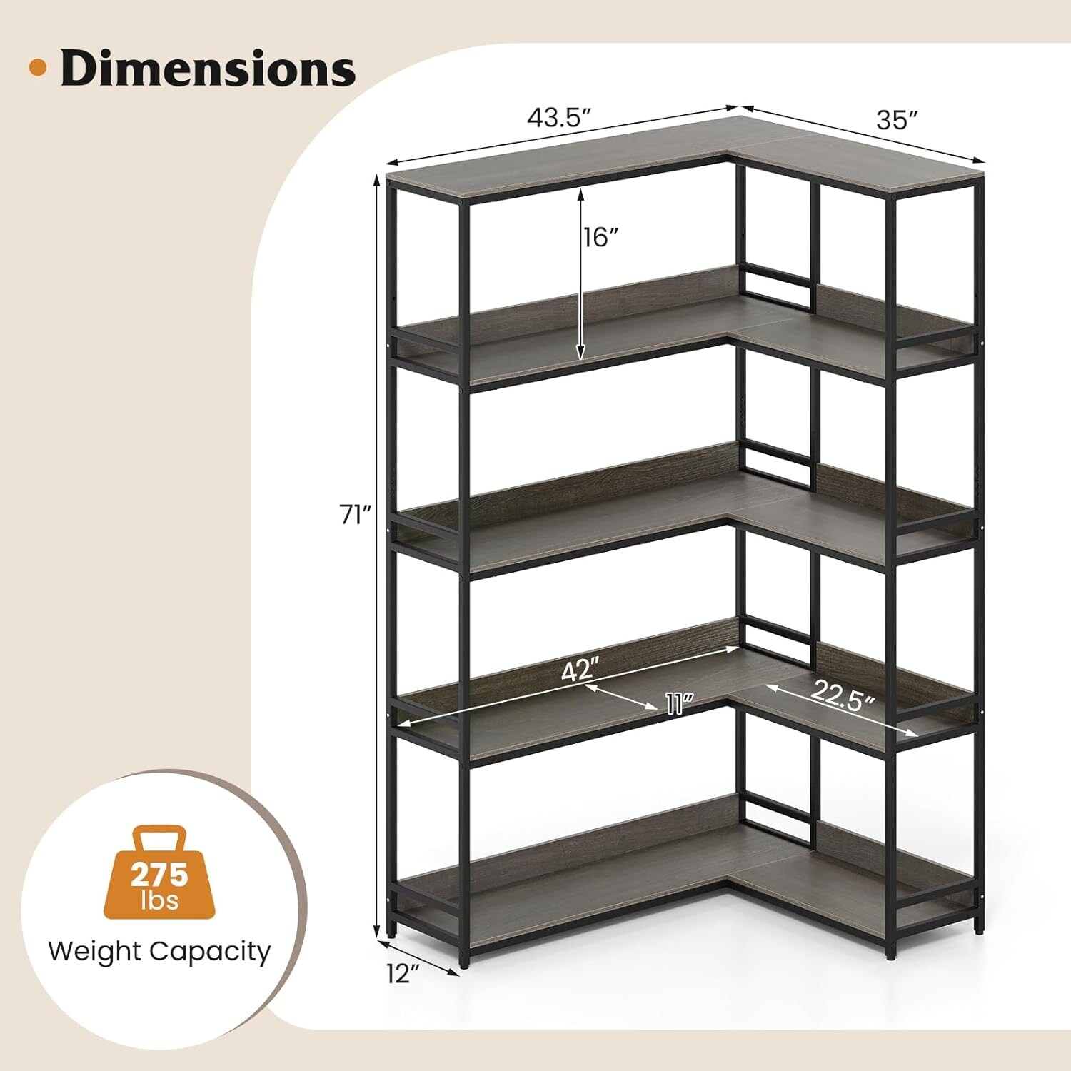5-Tier Industrial Wood Open Corner Bookcase 90 Degrees Large