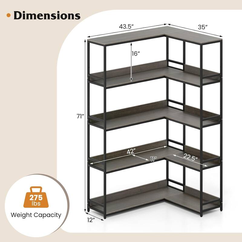 5-Tier Industrial Wood Open Corner Bookcase 90 Degrees Large Bookshelf
