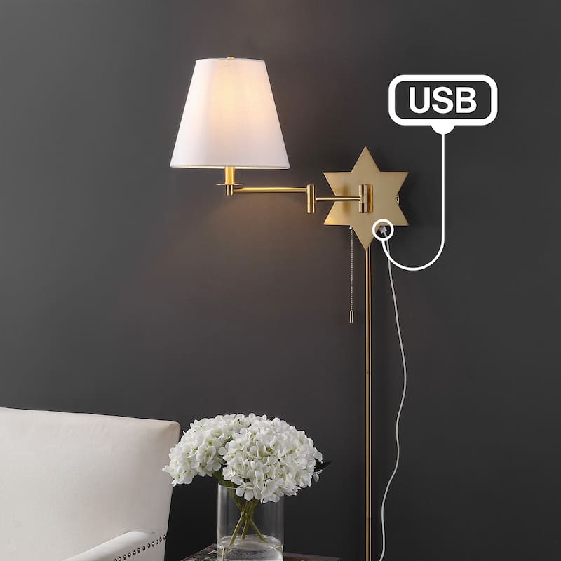 Antler 18.5" 1-Light Modern Swing Arm Plug-In or Hardwired LED Star Sconce with Pull-Chain and USB Charging Port by JONATHAN Y