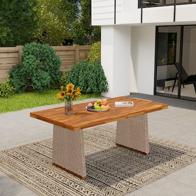 Roomfitters Outdoor Acacia Wood Dining Table with Teak Finish Top and Wicker Base