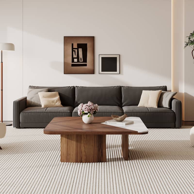 Modern 35.43" Square Coffee Table, Solid Wood Veneer with White Sintered Stone Table Top