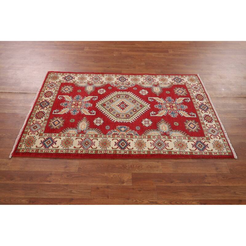Geometric Red Kazak Accent Rug Handmade Wool Carpet - 3'2" x 5'1"