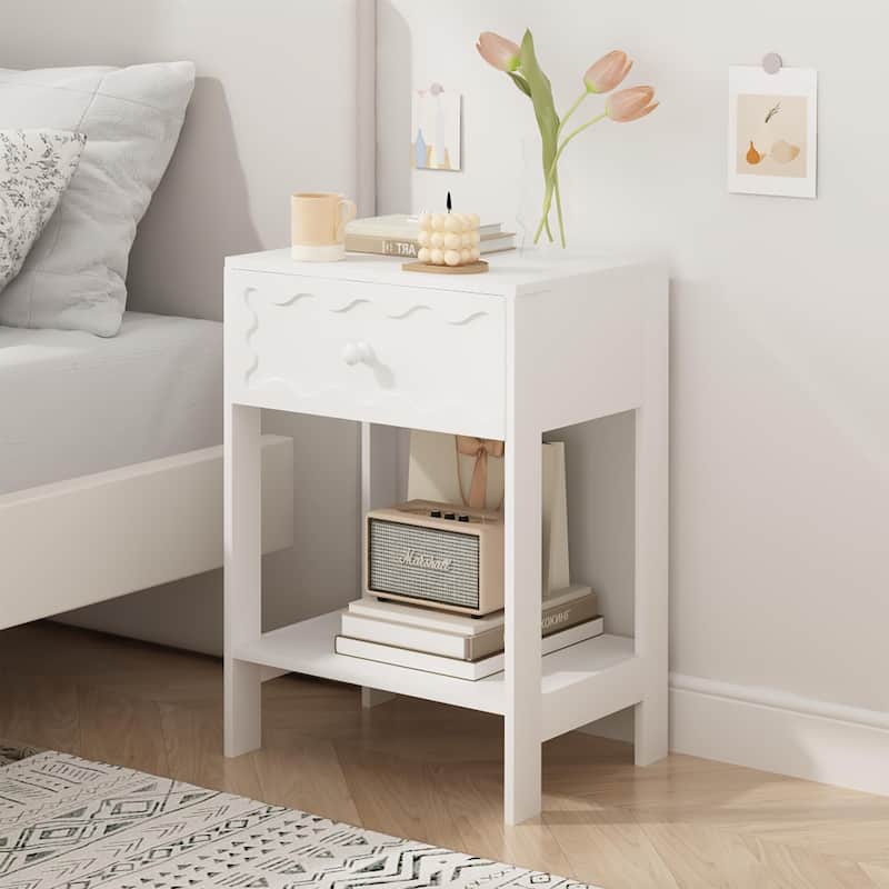 Nightstand with Drawer and Open Shelf, Modern Wave Pattern Bedside Table, Solid Wood Frame End Table for Bedroom, Living Room