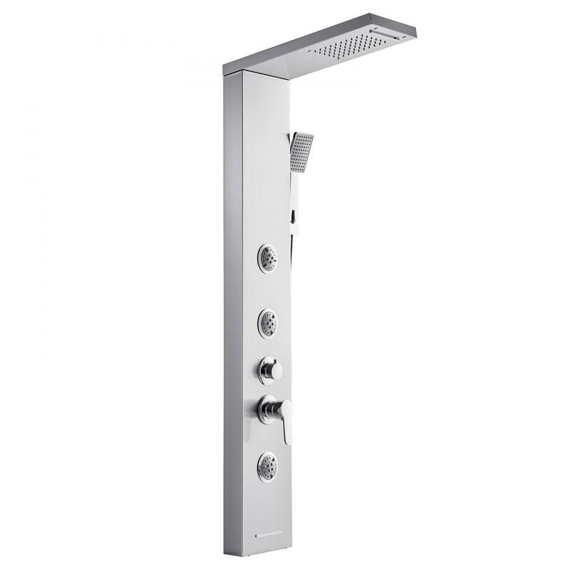 Silver Stainless Steel 5-in-1 Shower Panel Tower System with Rainfall, Waterfall, Jets and Handheld - 53.0x 7.9x 18.1 inch - Silver