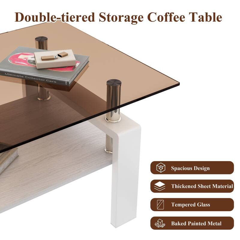 Rectangle Coffee Table, Tempered Glass Tabletop with MDF Layer, Modern Table for Living Room, Brown Glass
