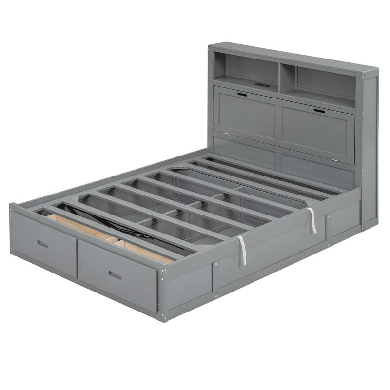 Full/Queen Size Hydraulic Storage Platform Bed Frame with LED, Charging Station and 2 Drawers