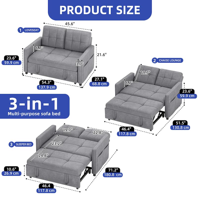 3-in-1 Multi-Functional Sleeper Sofa with Iron Frame Pull-Out Bed Loveseat and USB Port for Living Room or Small Space