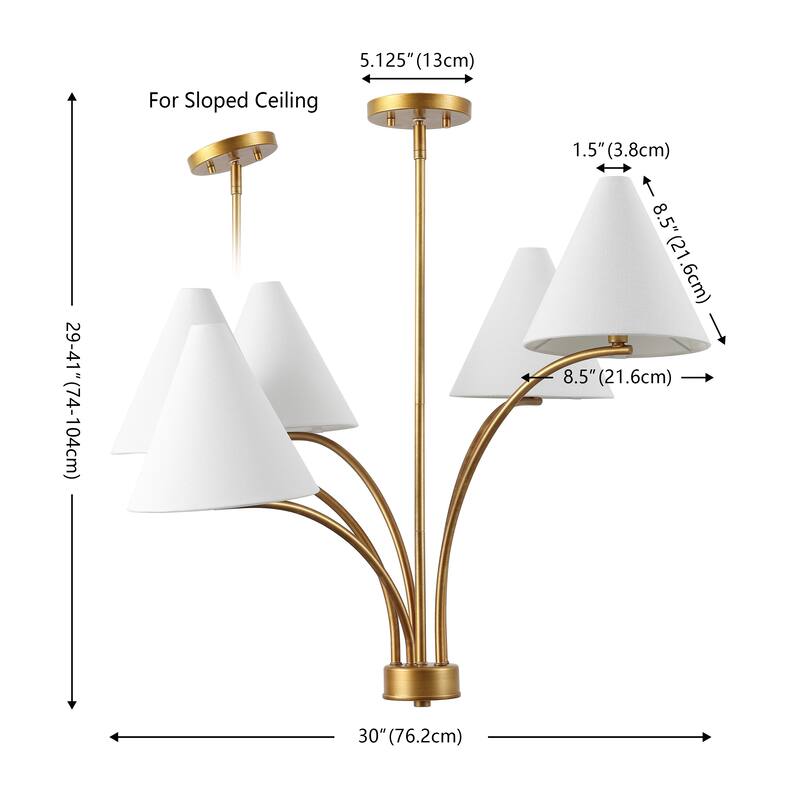 SAFAVIEH Lighting Johanna, 5 Light, 30 Inch, Antique Brass, Metal/Fabric Chandelier - 30"W x 30"D x 41"H
