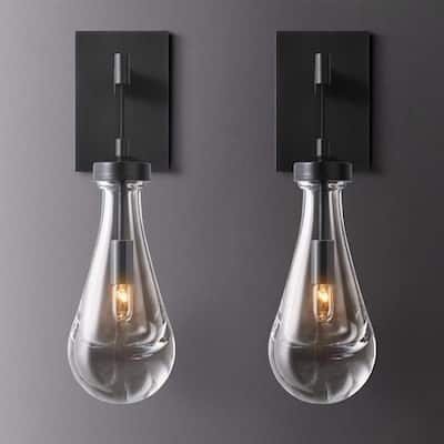 KAYLA 5in. 1-Light Black Wall Sconce, Raindrop Wall Lighting with Hand Blown Solid Glass and Brass Base, (2-Sets)