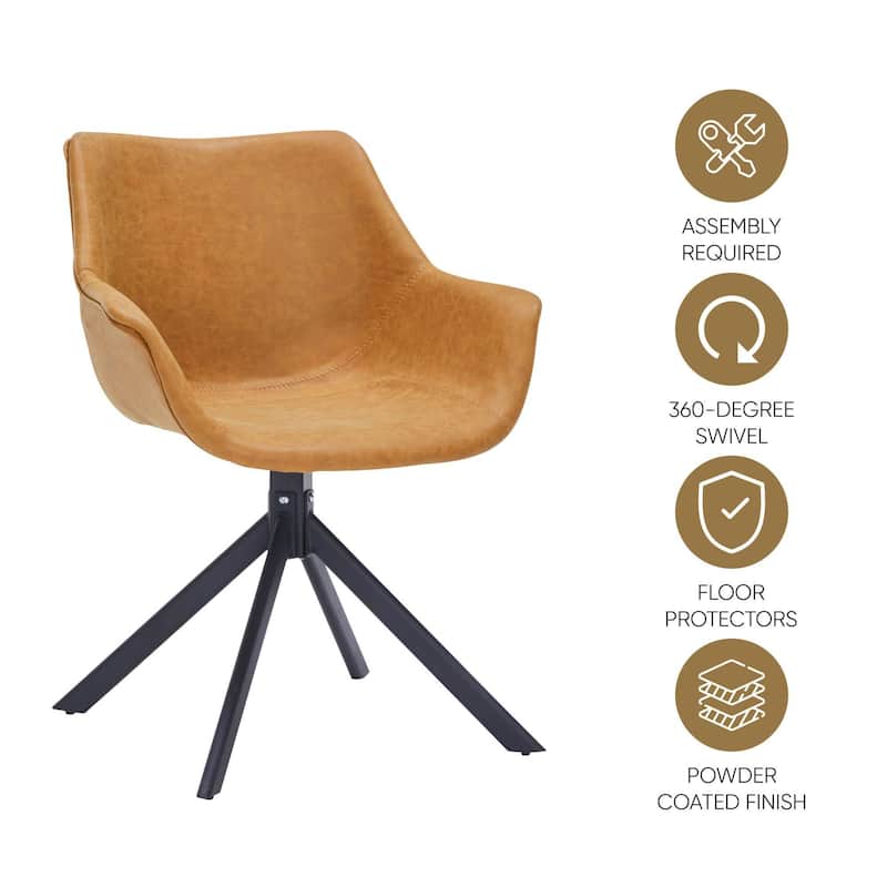 Markley Modern Swivel Dining Chair with Distressed Leather Upholstery, Ergonomic Back, and Black Metal Legs for Home or Office