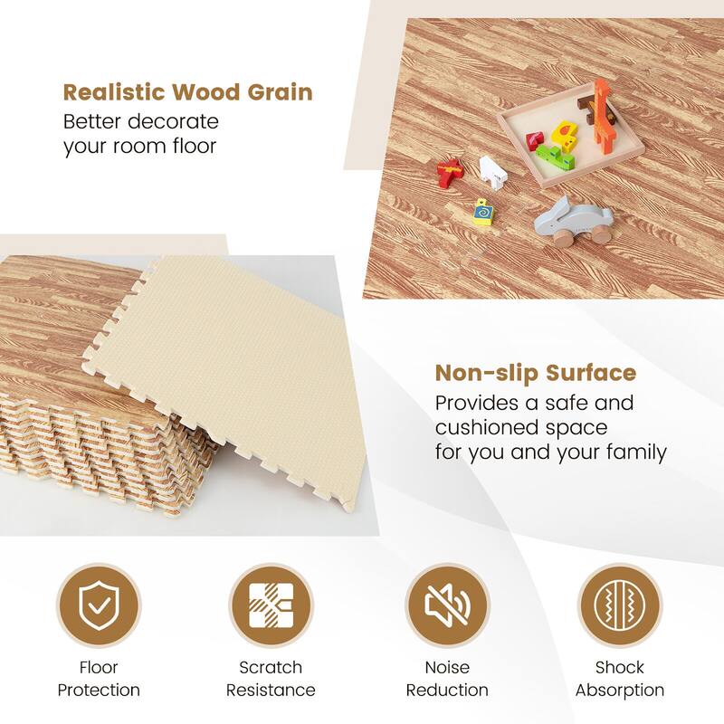 Gymax 12 Pieces EVA Foam Floor Interlocking Tile Mat w/ Natural Wood