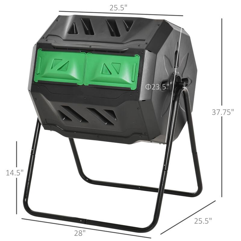 Outsunny Tumbling Compost Bin Outdoor Dual Chamber 360-deg Rotating Composter 43 Gallon w/ Sliding Doors & Solid Steel Frame