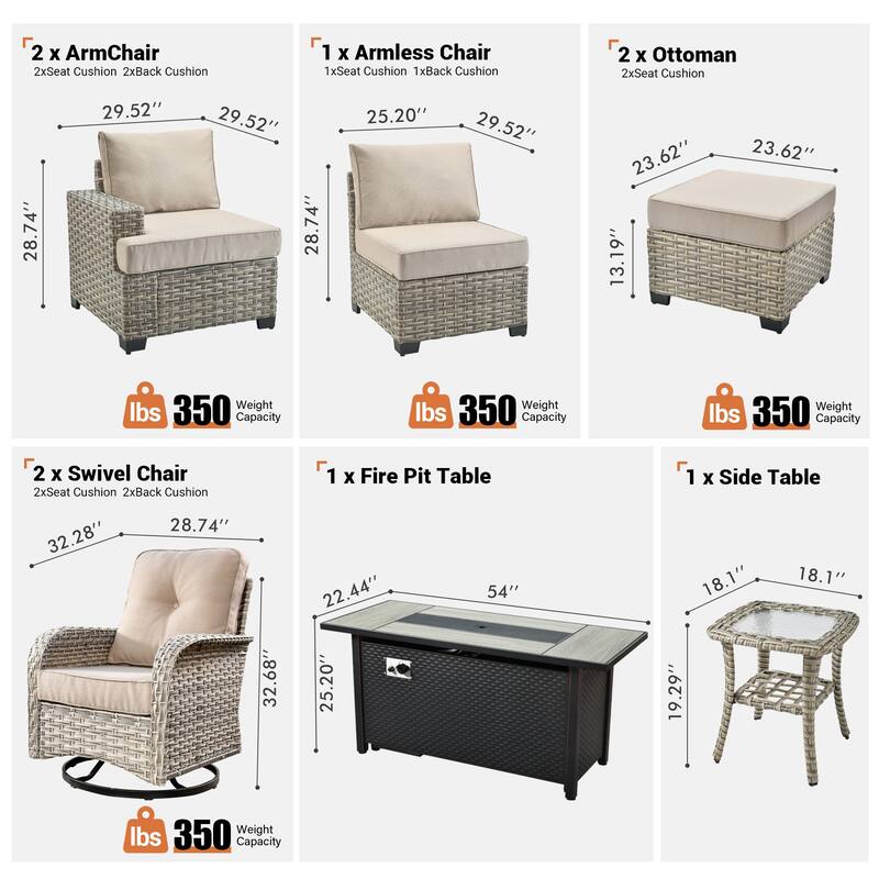 OVIOS 9 Pieces T shaped Seat Curved Swivel Chair Set With Fire Pit