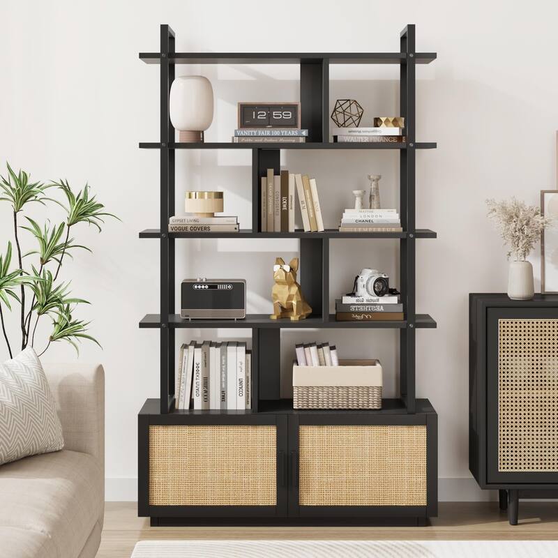5 Tier Rattan Bookshelf with Storage Cabinet & Door