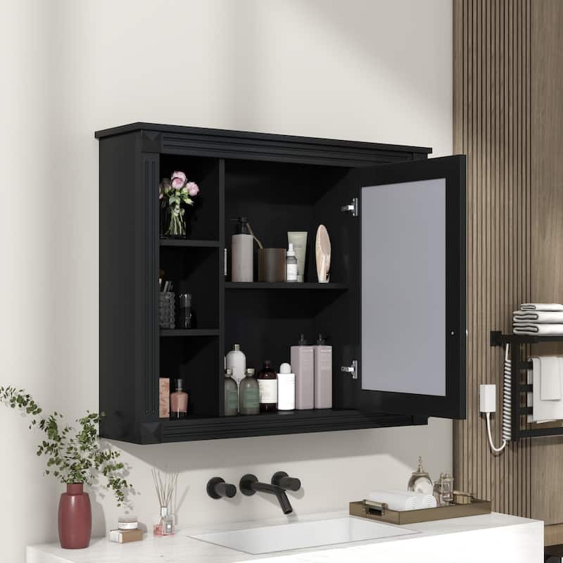 Roomfitters 35"x28" Wall Mounted Mirror Cabinet with 6 Open Shelves, Modern Bathroom Storage Organizer, Black