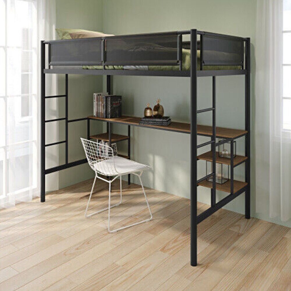 Metal Loft Bunk Bed Frame with Desk Table Storage Shelves Twin