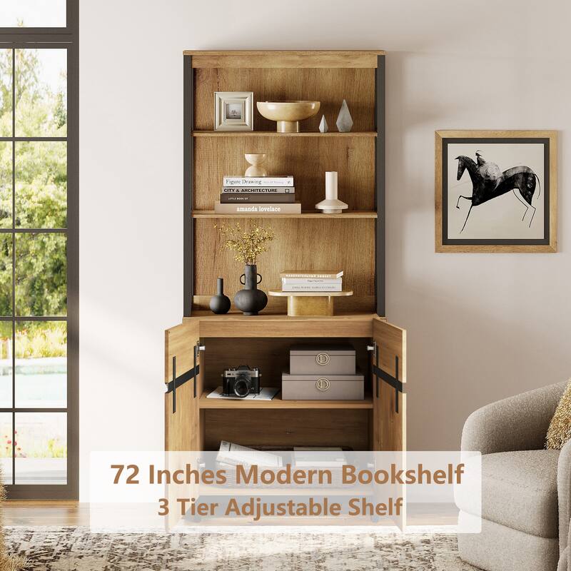 WAMPAT Modern 72" Tall Bookcase with Metal Base and Adjustable Shelves, Library Book Shelf with Storage Cabinet