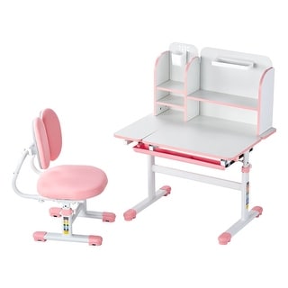 Pink Kids Height Adjustable Chair and Desk with Bookshelf and Storage Drawer and - 31.50 x 23.62 x (21.26 - 28.74) in