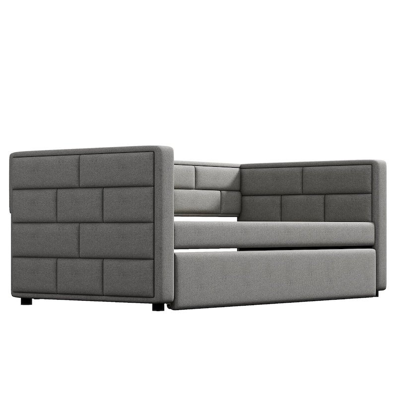 Twin Size Daybed with Trundle Bed, Upholstered Backrest, Wood Slat Support Frame