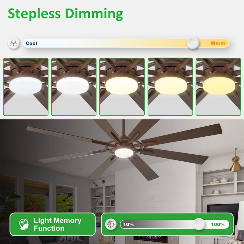 Modern 72 Inch 8 Blade Outdoor large Ceiling Fans with Lights: Dimmable Indoor Reversible 6 Speed Quiet DC Motor
