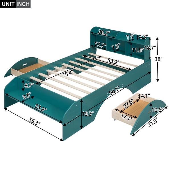 2 Drawer Platform Bed Hidden Storage Drawers Bed Frame Wood Slat Support with Shelf Headboard Footboard, Twin - Dark Green