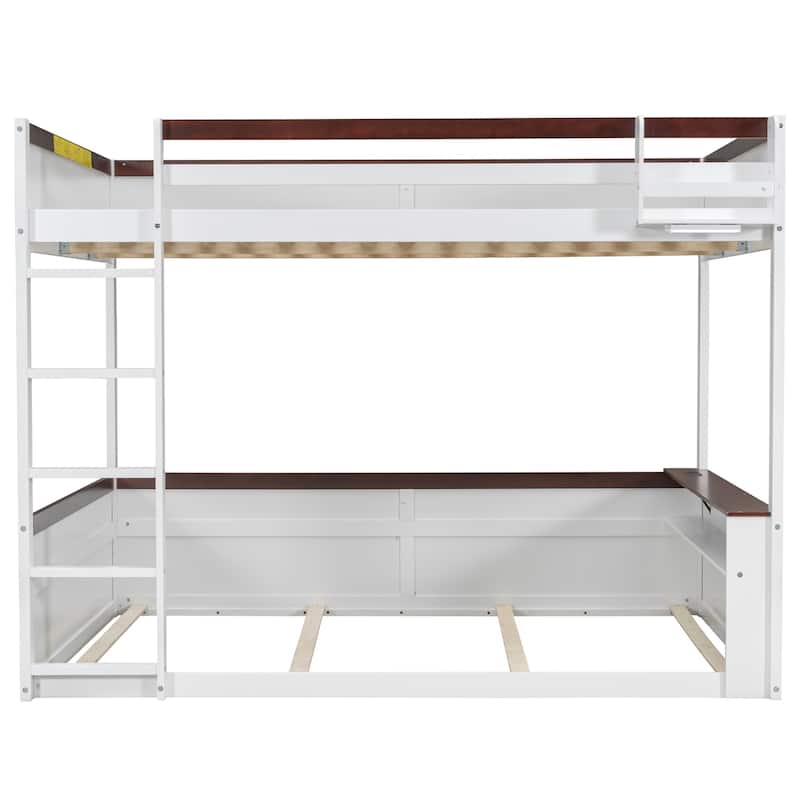 Queen Wooden Bunk Bed with Storage Shelves LED Light USB Charging Station