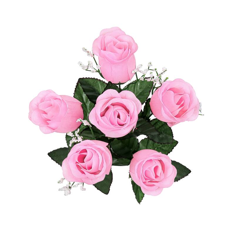 Set of 12 Pink Artificial Rose Bud Flower Stem Bush Bouquet 14in - 14" L x 6" W x 6" DP