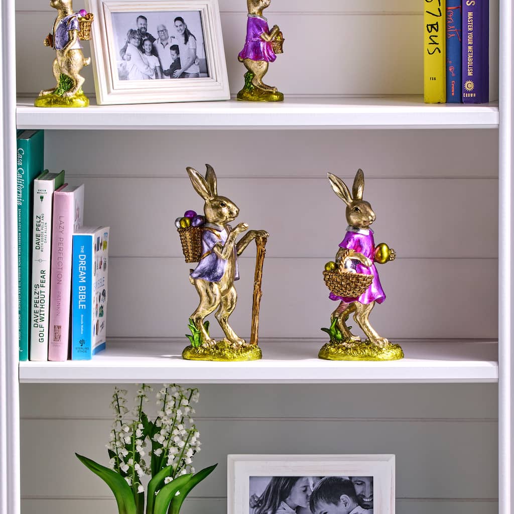 10"Resin Vintage Foil Boy And Girl Bunny Set of 2