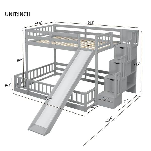 dimension image slide 0 of 2, Twin Over Full Bunk Bed with Slide,Storage Staircase