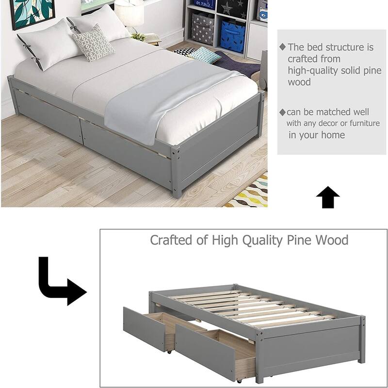 Twin Platform Bed Frame with 2 Storage Drawers, Wood Twin Bed Frames for Kids Toddler Girls Boys