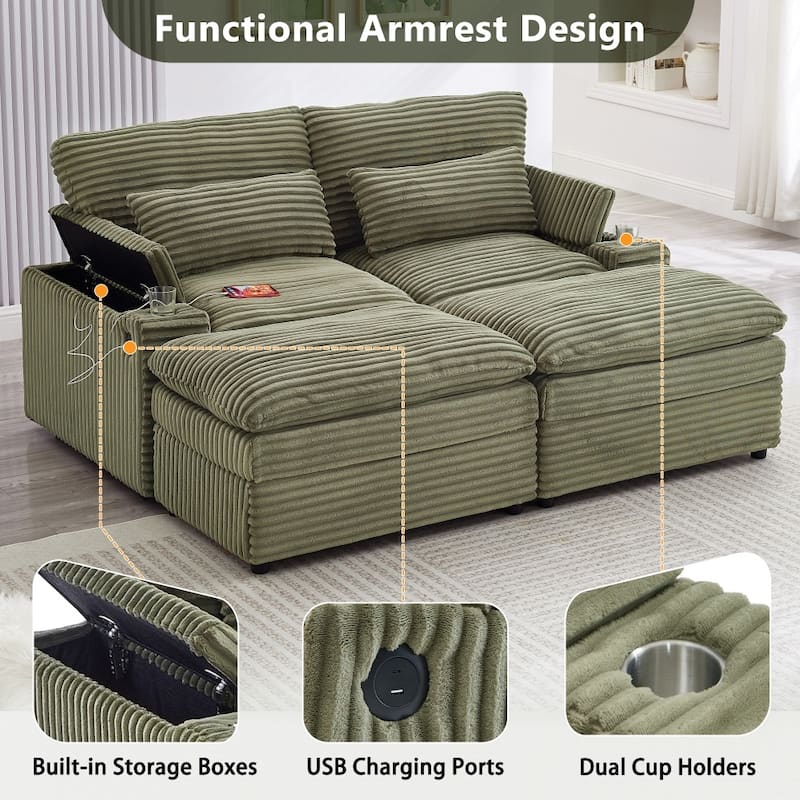70.9" Loveseat Sectional Convertible Sofa with Ottomans and Storage Space, USB Ports