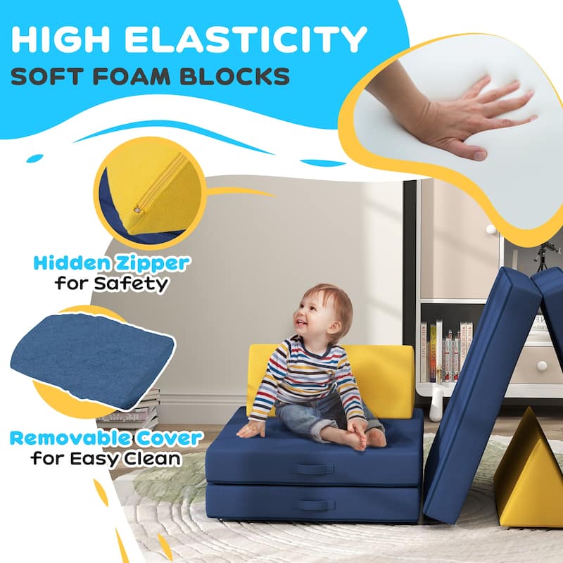 Blue Velvet Foam Toddler Play Blocks Set 6 Pieces Soft Stackable Shapes for Playroom Bedroom and Daycare