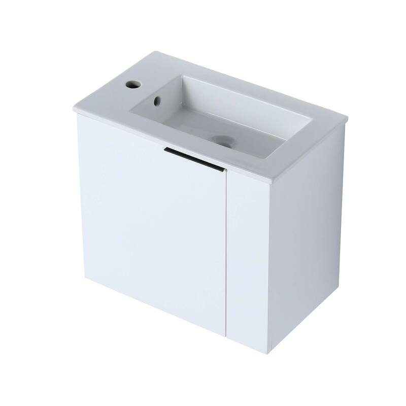 22 inch Plywood Wall-Mounted Bathroom Vanity in Grey Oak with Integrated Ceramic Sink in White with Soft Closing Door