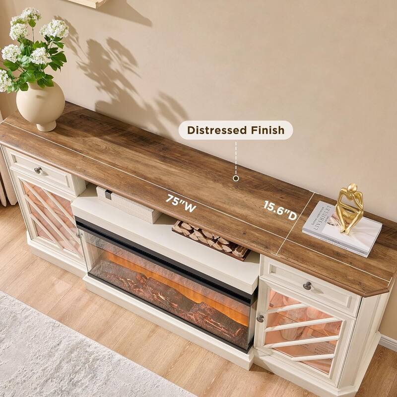 Farmhouse TV Stand with 3-Sided Fireplace, Entertainment Center