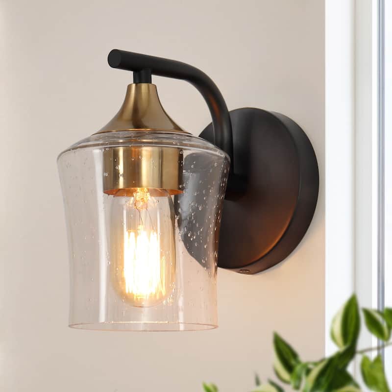 Modern 1-Light Black Gold Wall Sconce Glass Vanity Lights for Bathroom - Seeded