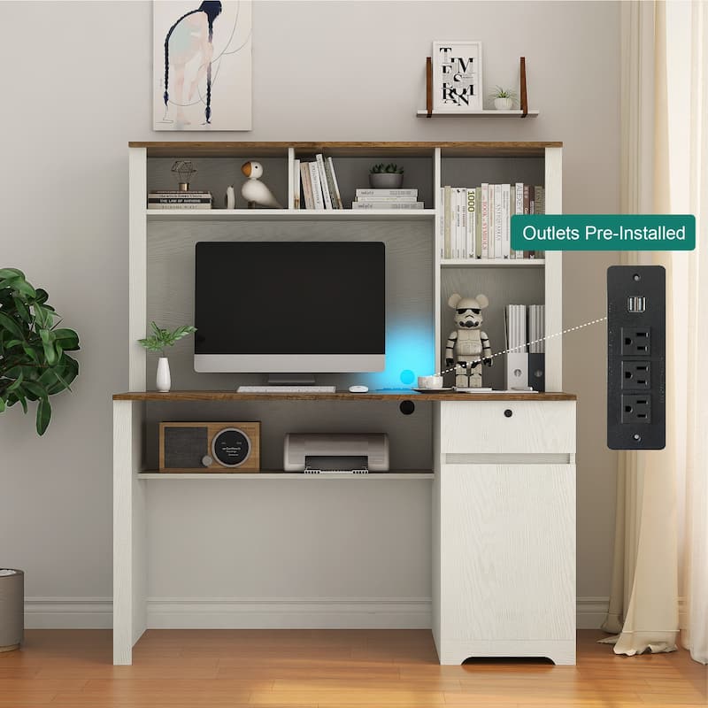 51.18" Computer Desk, Modern Executive Desk with Drawers and Cabinet, Home Office Desk with Charging Station for Work, Study