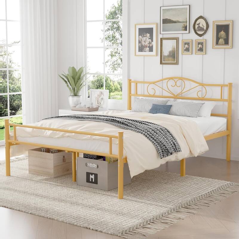 VECELO Metal Platform Bed Frame with Headboard & Footboard, Steel Slats Mattress Foundation, No Box Spring Needed