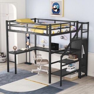 Black Full Size Metal Loft Bed with L-shaped Desk, LED, and Wardrobe